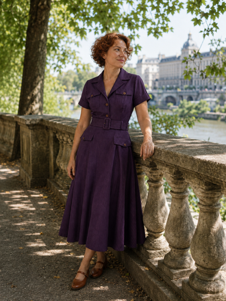 [Prévente] Robe violet foncé rayures fines col chemise et ceinture années 40
