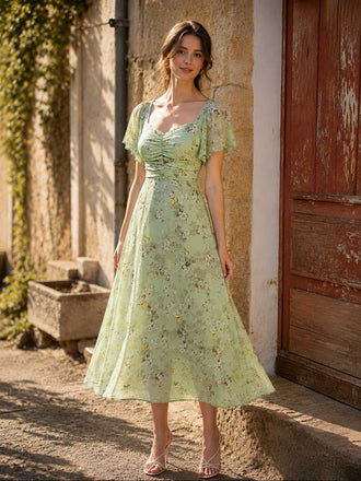 Robe Verte mousseline à manches papillon années 1930