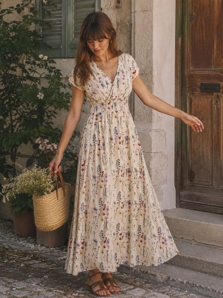 Robe Boho Manches Courtes Fleurs Blanche Années 1940