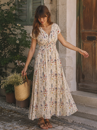 Robe Boho Manches Courtes Fleurs Blanche Années 1940