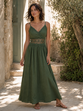 Robe verte col V smockée et patchwork dentelle années 1930