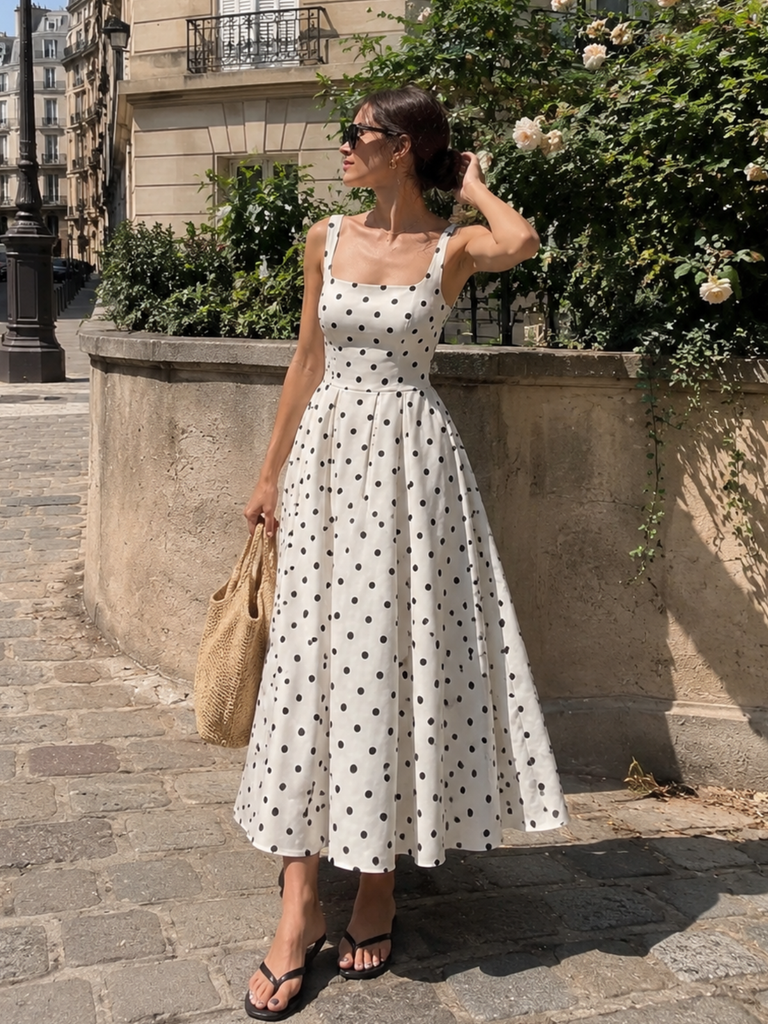 Robe blanche sans manches pois encolure carrée et jupe plissée années 50