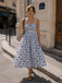 Robe Bleu Bretelles Fines Oranges Fente Latérale Années 40