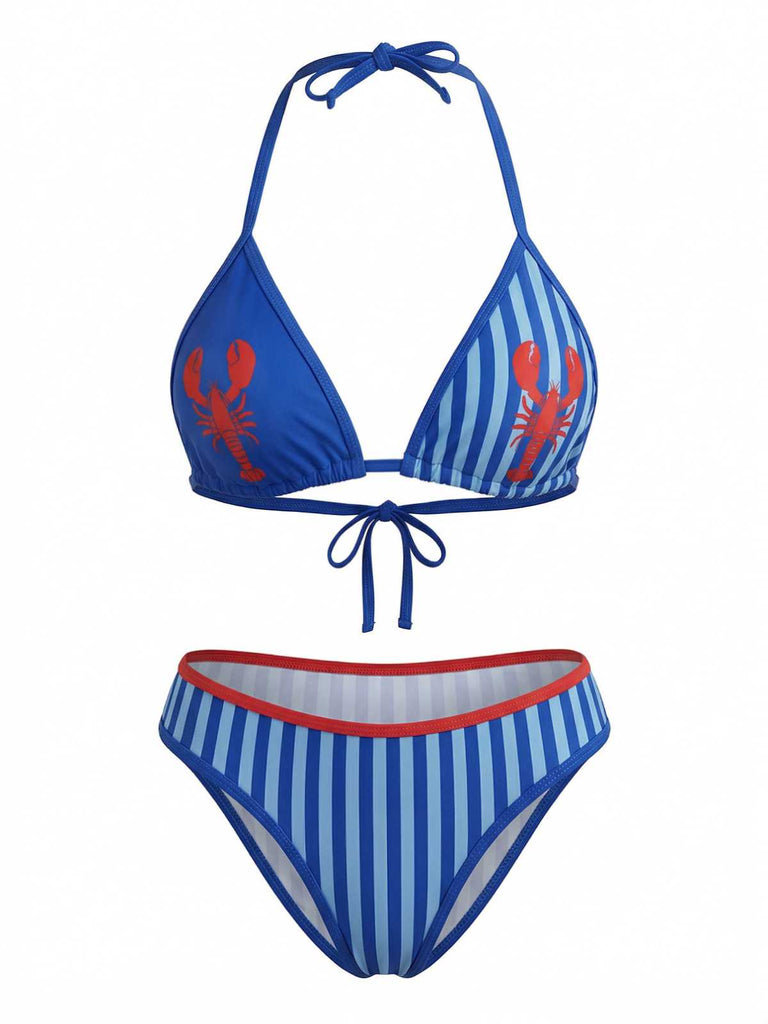Front studio view of the blue striped bikini set highlighting the red lobster graphics on the top and the red-trimmed waistband.