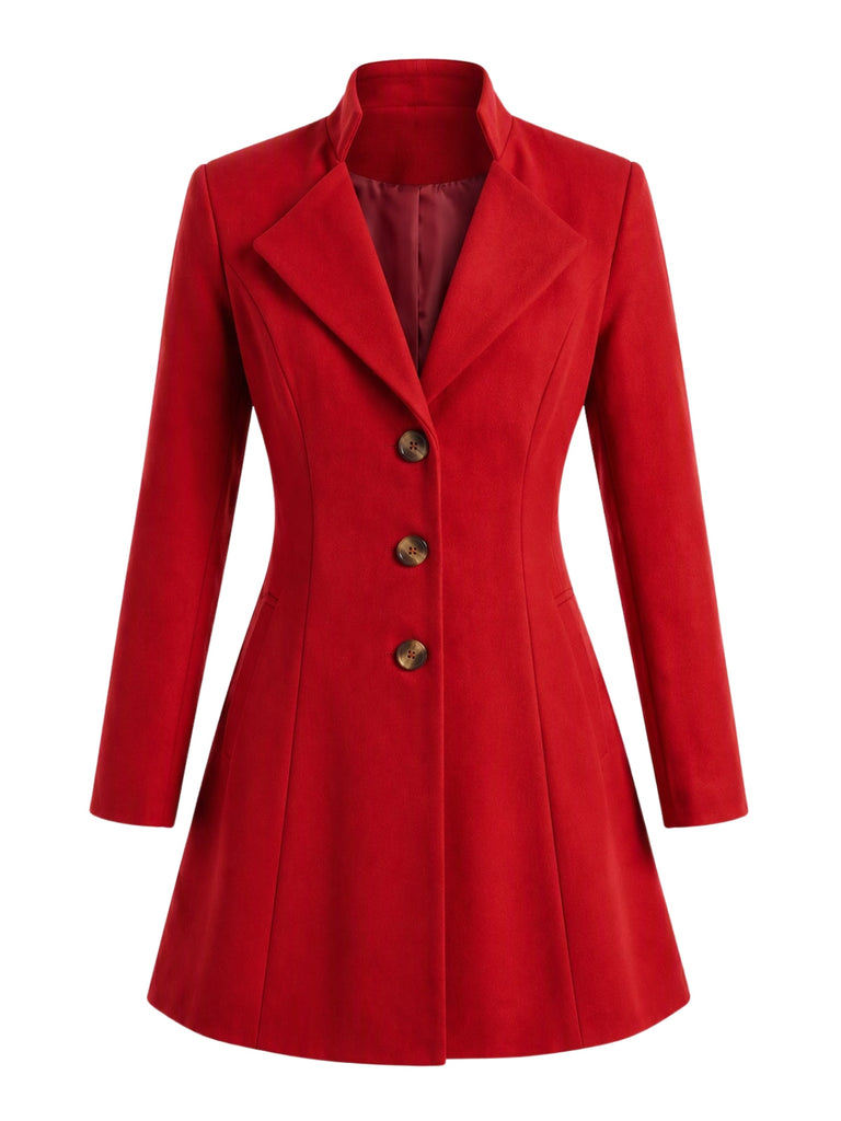 Manteau rouge uni à col à revers, manches longues et boutons années 1940 - 2