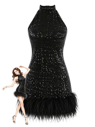 Mini Robe à Paillettes, Col Halter et Plumes Années 1960 - 1