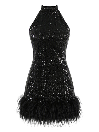 Mini Robe à Paillettes, Col Halter et Plumes Années 1960 - 2