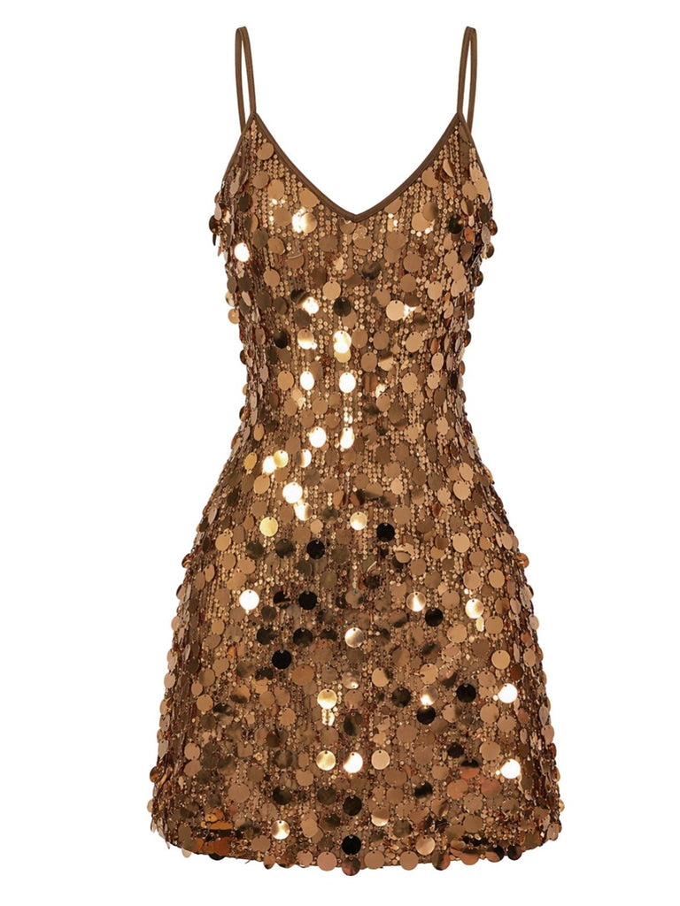 Mini Robe de Fête Moulante Dorée à Paillettes et Fines Bretelles Années 1960 - 2