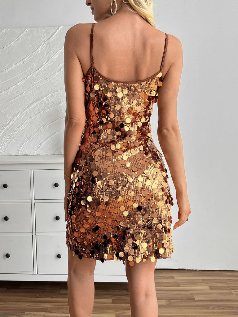 Mini Robe de Fête Moulante Dorée à Paillettes et Fines Bretelles Années 1960 - 6