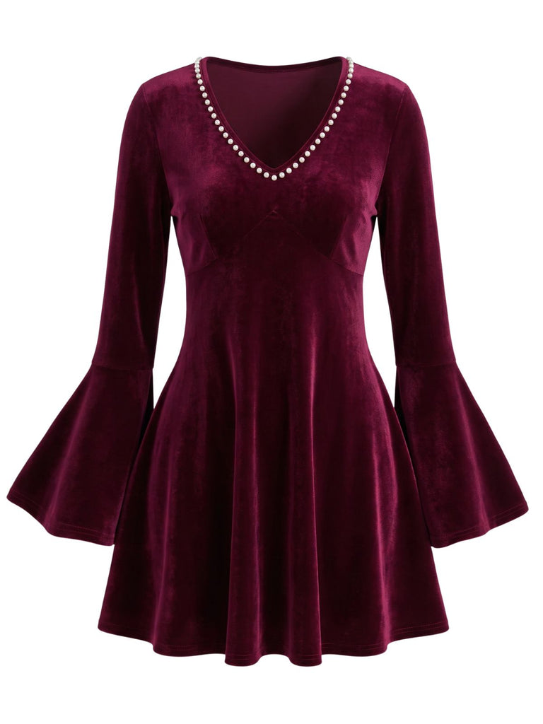 Mini Robe en Velours à Col V Perlé et Manches Évasées Années 1930 - 2