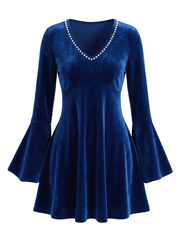 Mini Robe en Velours à Col V Perlé et Manches Évasées Années 1930 - 8