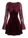 Mini-robe évasée lie-de-vin en velours et dentelle à manches évasées années 1960 - 5