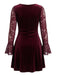 Mini-robe évasée lie-de-vin en velours et dentelle à manches évasées années 1960 - 6