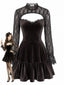 Mini-robe marron en velours et dentelle ajourée à manches longues et ourlet volanté années 1970