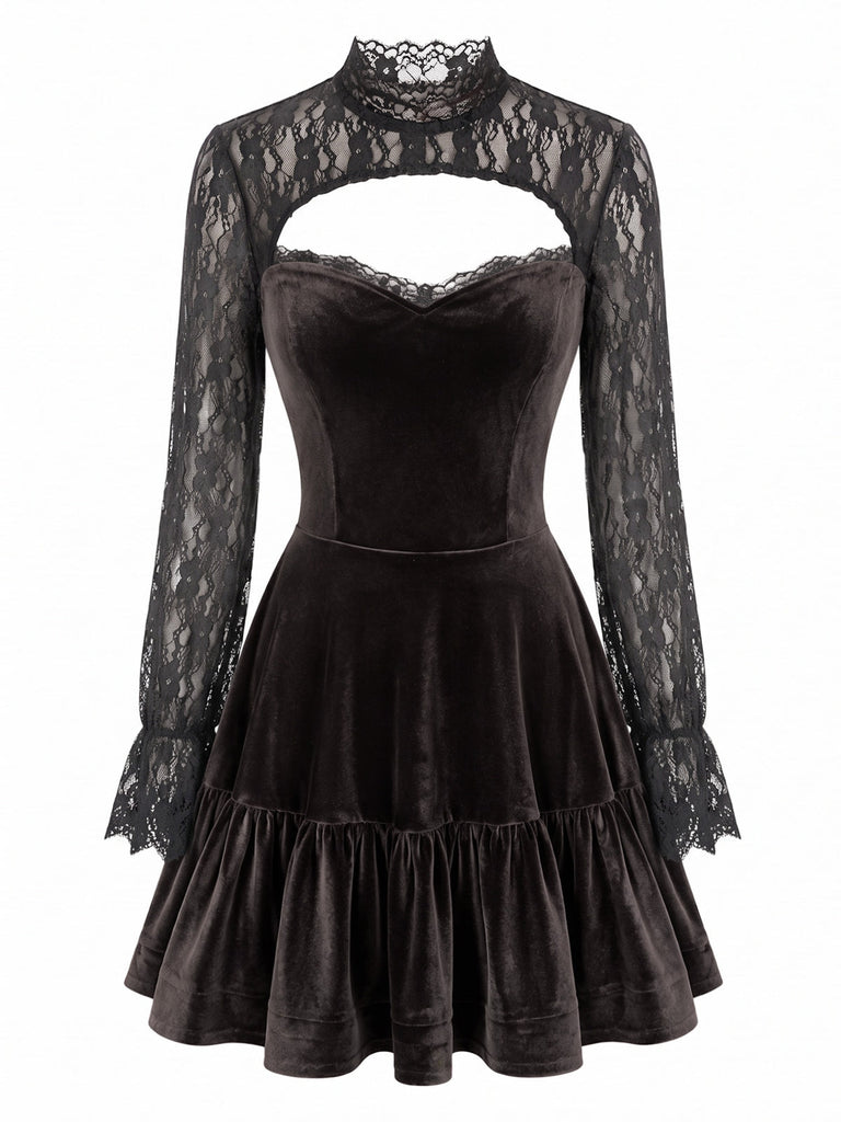 Mini-robe marron en velours et dentelle ajourée à manches longues et ourlet volanté années 1970 - 2