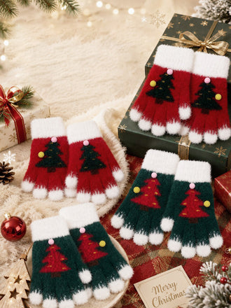 Mitaines tricotées de Noël à sapins et pompons - 1