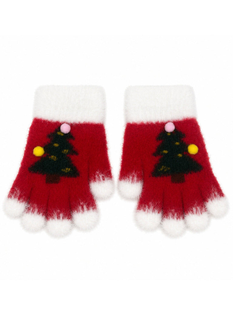 Mitaines tricotées de Noël à sapins et pompons - 2