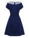 Rear view of the navy blue A-line vintage dress on a white background, showcasing the clean and simple back design.