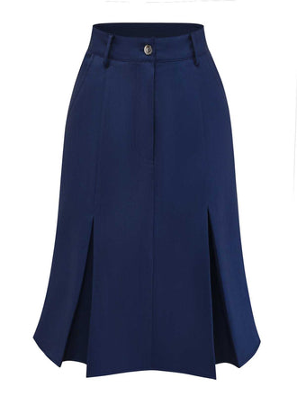 A navy blue high-waisted A-line skirt featuring deep vertical pleats at the hem for a flared silhouette.