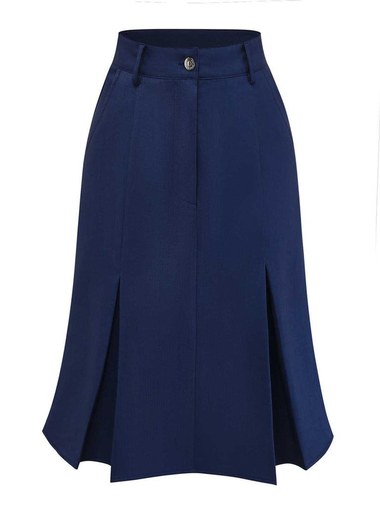 A high-waisted navy blue A-line skirt featuring deep vertical pleats at the hem for a flared silhouette.