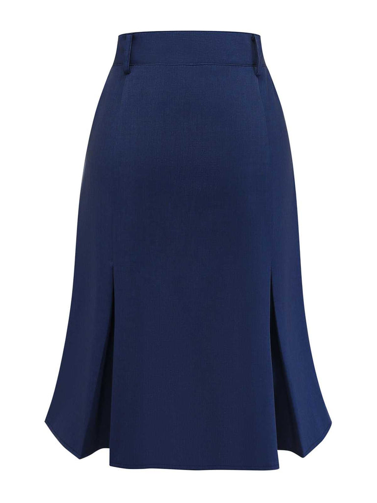 Rear view of the high-waisted navy skirt showing the smooth fit and flared hemline.