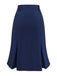 Rear view of the high-waisted navy skirt showing the smooth fit and flared hemline.