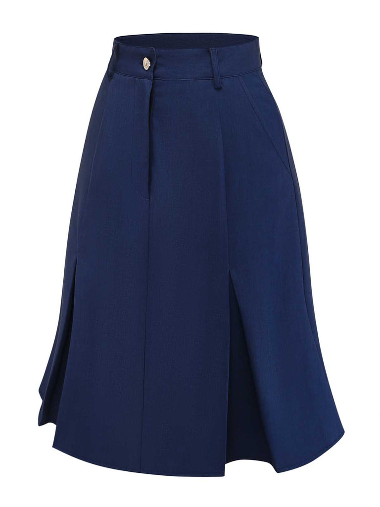 Angled view of the navy blue skirt showcasing the depth of the front pleats.