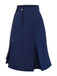 Angled view of the navy blue skirt showcasing the depth of the front pleats.
