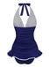 Back view of the navy blue skirted swimsuit, showing the comfortable fit and elegant silhouette.