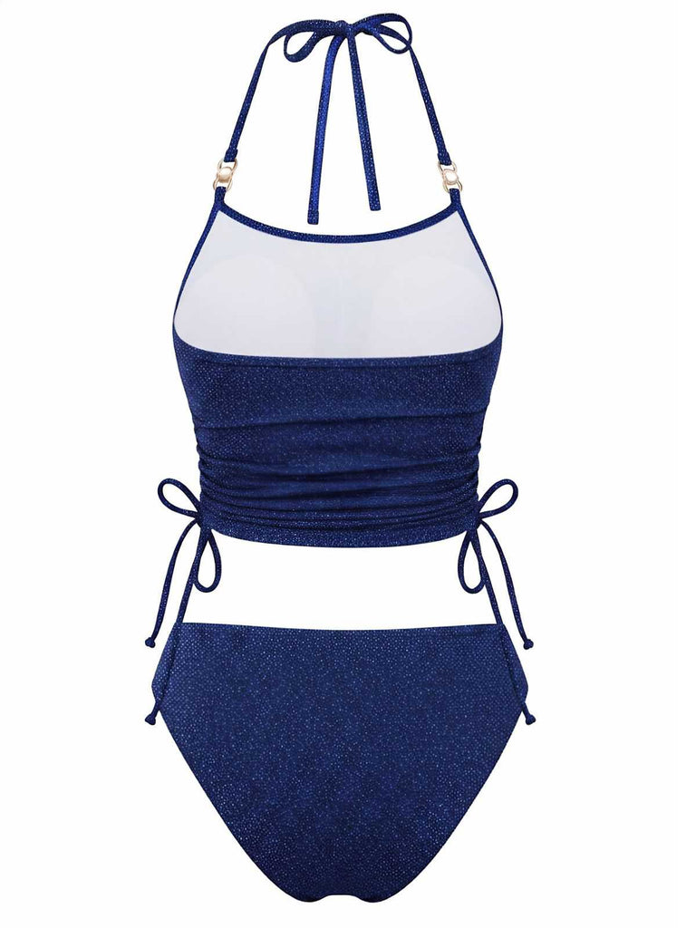 Rear view of the swimsuit set highlighting the high-back coverage of the bottoms and the halter neck tie.