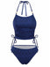 Front view of the navy blue glitter tankini set showcasing the adjustable halter straps and ruched bodice.