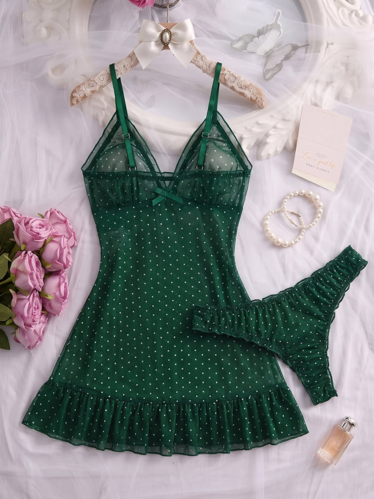 Nuisette babydoll en résille transparente à pois et ourlet volanté années 1950 - 6