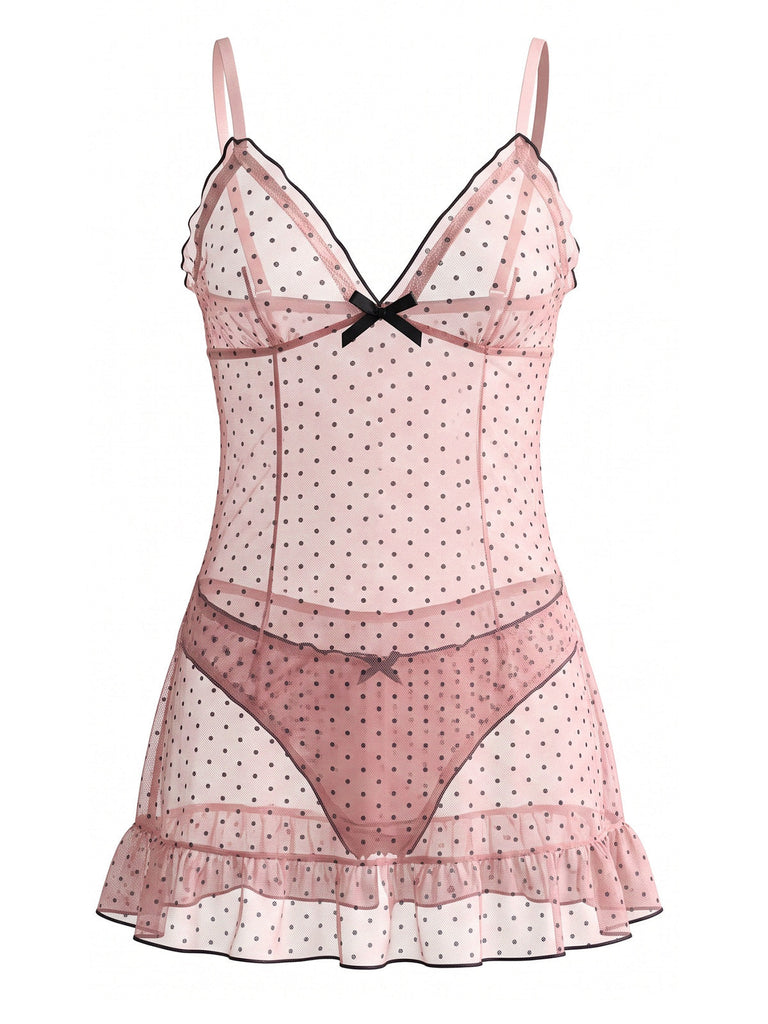 Nuisette babydoll transparente en tulle à pois, nœud et volants Années 1980 - 1