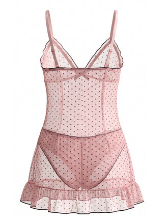 Nuisette babydoll transparente en tulle à pois, nœud et volants Années 1980 - 2
