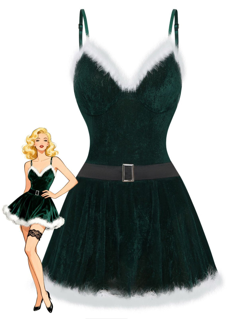 Nuisette de Noël en velours à fines bretelles, ceinture et bordure en fourrure Années 1950 - 1