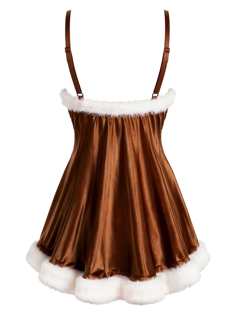 [Prévente] Nuisette de Noël Marron Clair en Velours à Nœud Années 1960 - 3