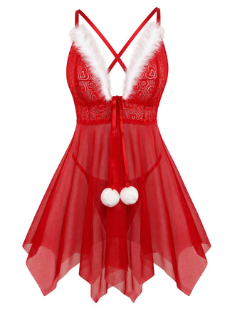 Nuisette rouge à col V en dentelle à cœurs avec pompons et bordure en fausse fourrure années 1930 - 1