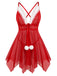 Nuisette rouge à col V en dentelle à cœurs avec pompons et bordure en fausse fourrure années 1930 - 1