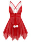 Chemise de nuit rouge col V garniture fourrure motifs forme cœur dentelle et pompons années 1930