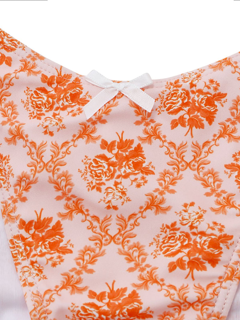 Ensemble tankini orange à imprimé floral et décolleté en V profond années 1970
