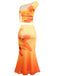 Rear view of the floral set showing the continuous orange-to-yellow gradient and the back construction of the one-shoulder top.
