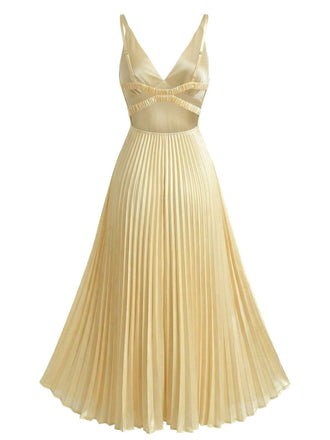 Back view of the pale gold midi dress showcasing the deep V-cut back and the continuous flow of the pleated skirt.