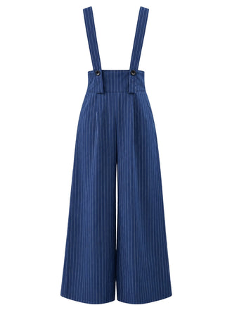 Pantalon bleu marine à fines rayures, jambes larges, bretelles et poches Années 1950 - 2