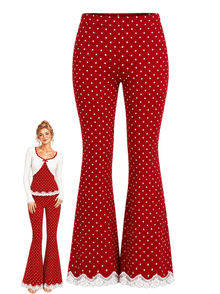 [Prévente] Pantalon détente rouge évasé à pois et bordure en dentelle Années 1960 - 1