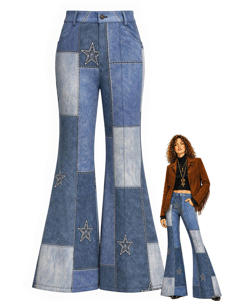 [Prévente] Pantalon évasé bleu imprimé denim à empiècements étoilés années 1970 - 1