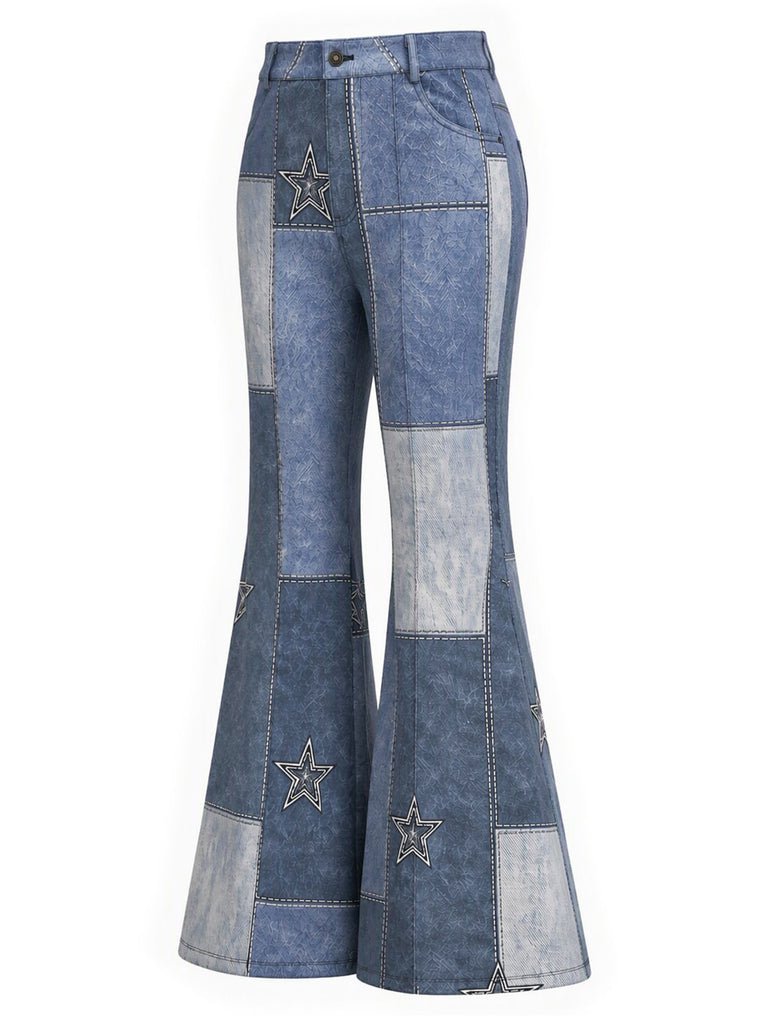 [Prévente] Pantalon évasé bleu imprimé denim à empiècements étoilés années 1970 - 3