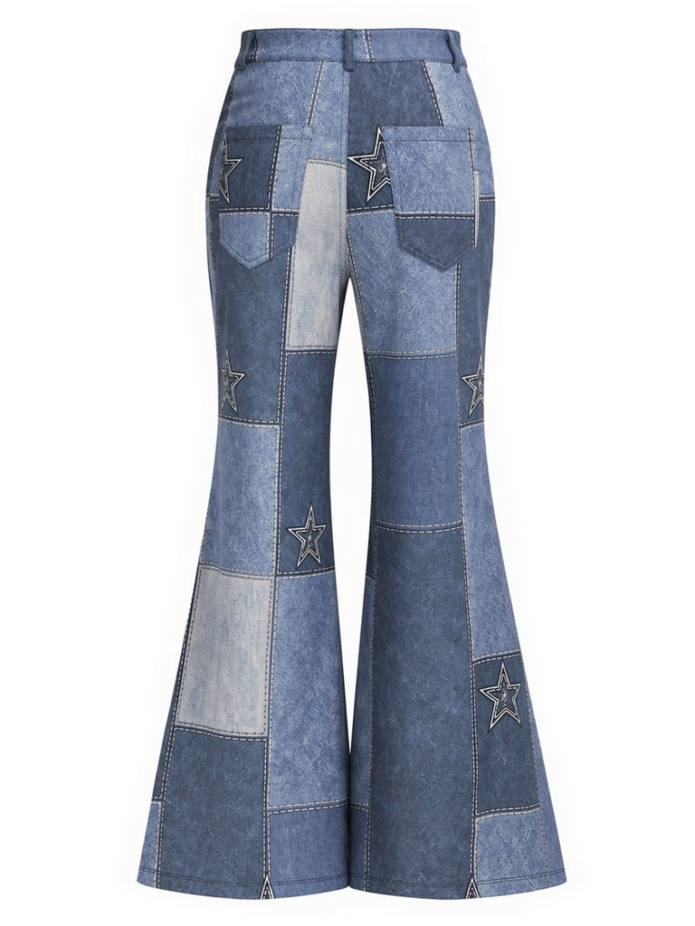 [Prévente] Pantalon évasé bleu imprimé denim à empiècements étoilés années 1970 - 4
