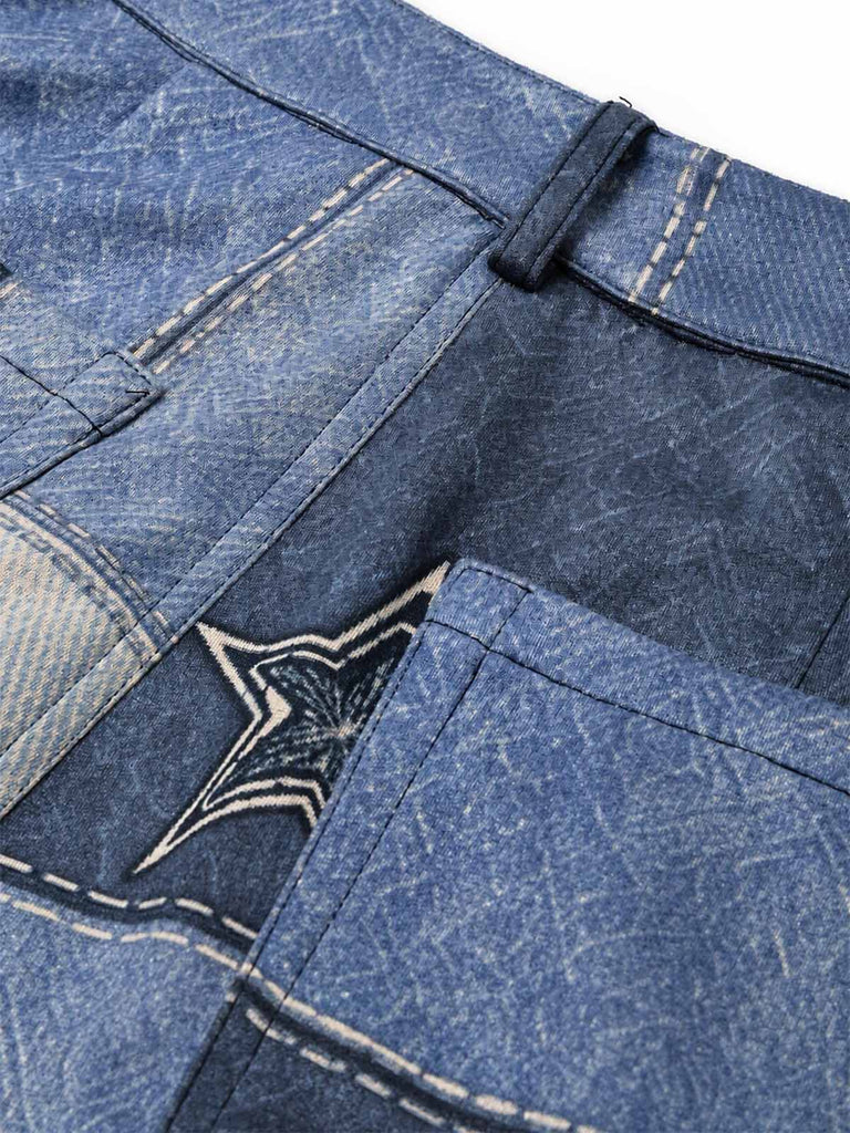 [Prévente] Pantalon évasé bleu imprimé denim à empiècements étoilés années 1970 - 5