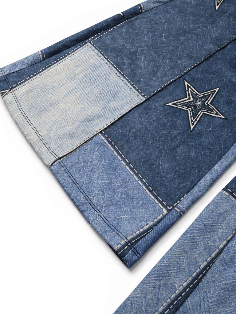 [Prévente] Pantalon évasé bleu imprimé denim à empiècements étoilés années 1970 - 6