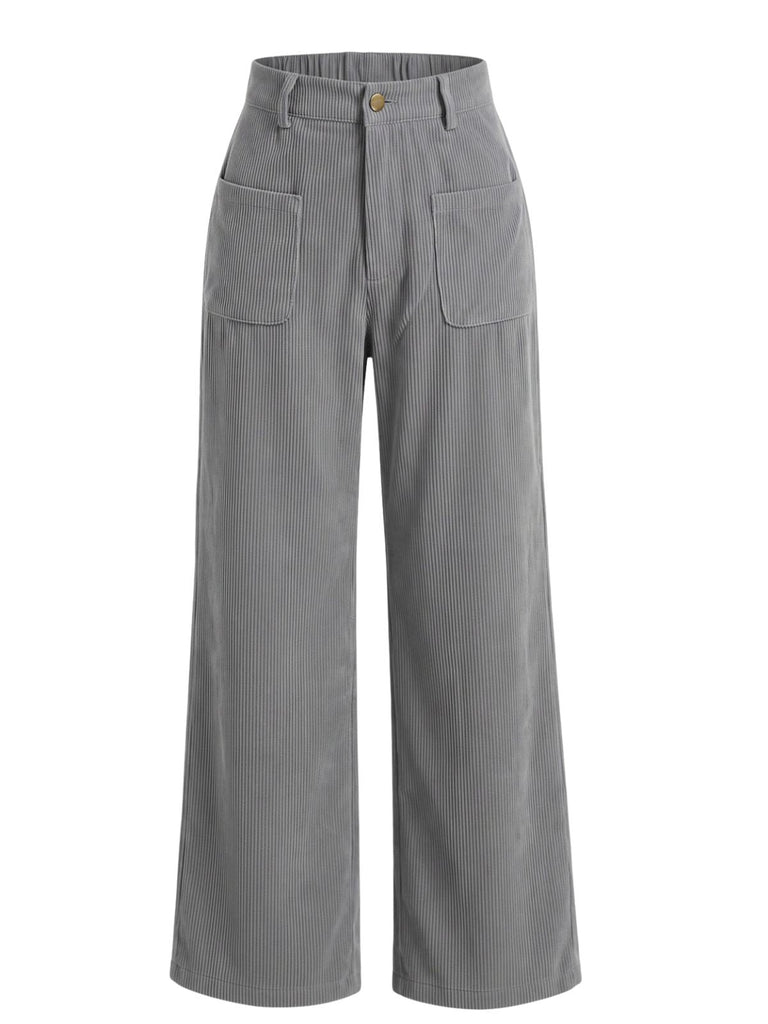 Pantalon Gris en Velours Côtelé à Jambes Larges et Poches Plaquées Années 1950 - 1